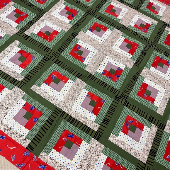 Handmade Log Cabin Star Sewing craft Patchwork Cotton Queen Quilt Top/Topper - Picture 2 of 4